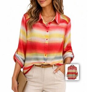 ALYX Striped‎ Chiffon Blouse Roll Tab Sleeve Button Front Lightweight XL
